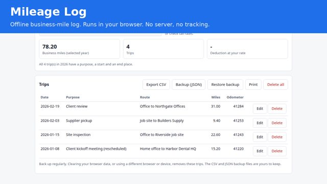 Mileage Log: offline business-mile tracker preview